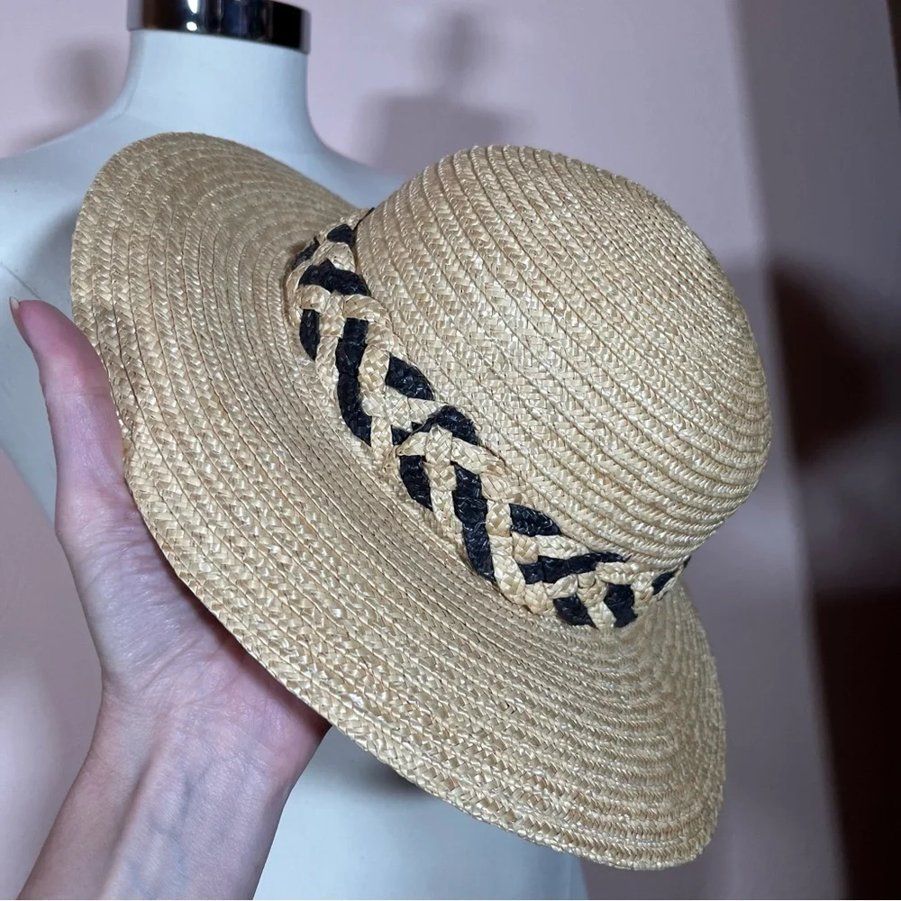 Vintage 90 Y2K Natural Straw Flat Wide brim Sunhat Coastal Grandma - Picture 11 of 14